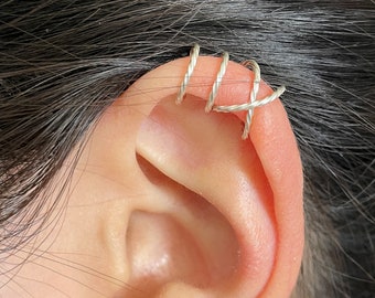 224)Sterling Silver Twisted Ear Cuff Set - Criss Cross, Double Band, No Piercing