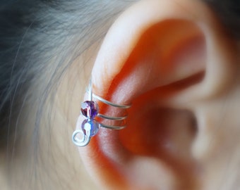 100)No piercing Three Bands and Two Violet Color Swarovski Crystal Beads Ear CUff.Minimalist ear cuff.