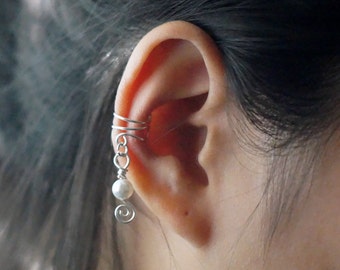 74) No Piercing Dangle Swarovski Crystal Pearl Ear Cuff. Minimalist Fake ear cuff