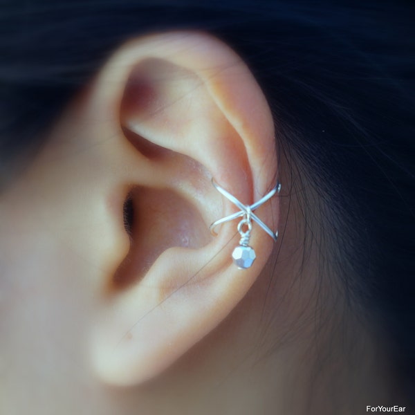 121)No piercing Criss Cross with Swarovski Shiny Bead Dangle Ear Cuff.Minimalist ear cuff