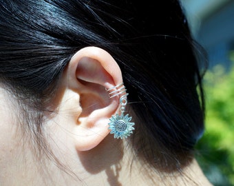 16)No piercing Silver Color Sunflower Charm Ear Cuff. Minimalist ear cuff