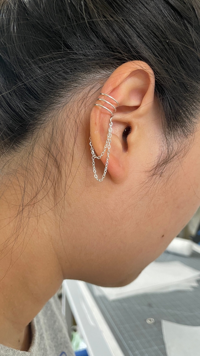 11No piercing Three Bands With Double Chain Dangle Ear Cuff.Minimalist 925 Sterling Silver,14K Gold Filled ear cuff.Fake Ear Cuff image 2