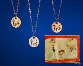 213)Actual Kid's Drawing Engraving Necklace. Memory Jewelry. Birthday Gift-Sterling Silver