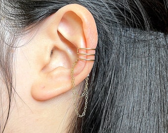 94)14k Gold Filled Triple Band Chain Ear Cuff - No Piercing