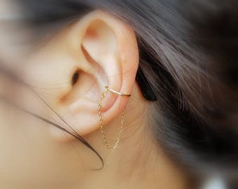 173)Minimalist Ear Cuff. No Piercing One Band With Chain Ear Cuff - +sterling silver.