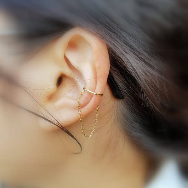 173)Minimalist No Piercing One Band With Chain Dangle Ear Cuff - +sterling silver,14Gold FIlled