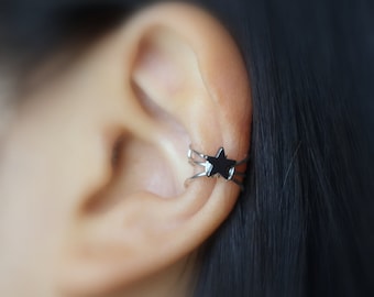 114)No piercing Three Lines With Hematite Star Bead.Minimalist ear cuff.