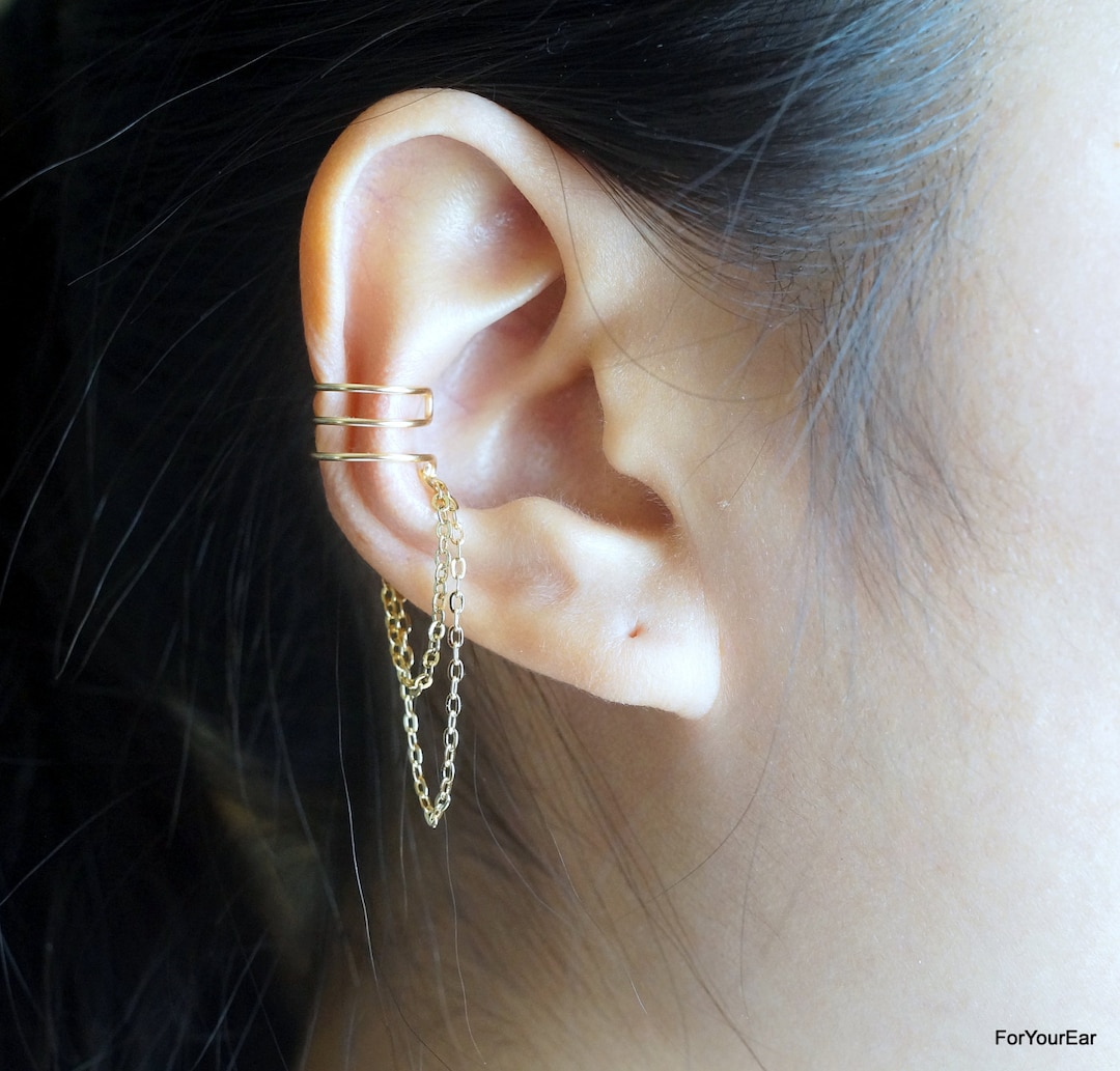 159)no Piercing Triple Lines With Double Chain Ear Cuff