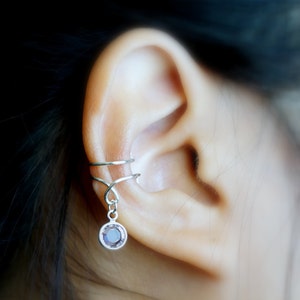 129) No piercing Ear Cuff with Swarovski Birthstones.Minimalist dangle ear cuff