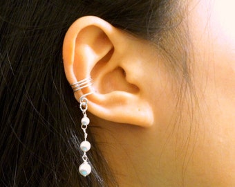 30) No piercing Three Pearls Drop dangle Ear Cuff. Minimalist ear cuff