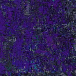May include: Abstract painting with a textured, layered look. The colors are predominantly shades of purple and blue, with hints of green and gray. The paint appears to be applied in thick strokes, creating a sense of depth and movement.