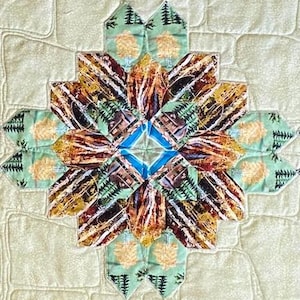 May include: A handmade quilt with a central starburst design. The starburst features a mix of brown, green, and blue fabrics with tree and landscape patterns. The background is a light green, quilted fabric.