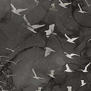 May include: A grayscale abstract artwork featuring numerous stylized white birds in flight against a dark, textured background. The birds are depicted with outstretched wings, creating a sense of movement and freedom. The artwork evokes a sense of nature and tranquility.