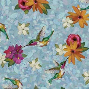 May include: A fabric pattern featuring colorful hummingbirds, flowers, and leaves on a light blue background. The flowers include orange, pink, and white blooms. The hummingbirds have green, yellow, and red feathers. The design has a painted, artistic style.