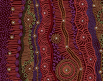 May include: Abstract art print featuring a colourful, intricate design with dots, lines and circles on a dark brown background.