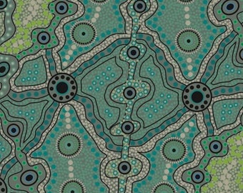 May include: An abstract dot painting featuring a complex network of interconnected lines and circular motifs in shades of teal, sage green, and black. The composition uses varying dot sizes to create textured patterns and geometric shapes.
