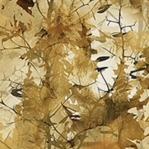 May include: A fabric featuring a dense, layered pattern of overlapping autumn leaves in shades of tan, beige, and dark brown. The design includes intricate, thin black branch-like outlines that weave through the foliage, creating a textured, organic appearance across the surface of the material.
