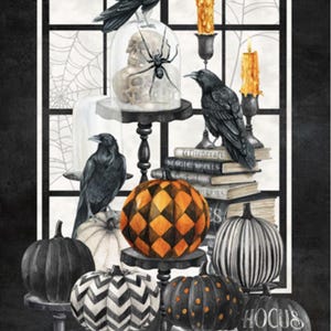 May include: A spooky Halloween-themed illustration featuring black crows, pumpkins, candles, and a skull under a glass dome. The pumpkins are in various colors and patterns, including orange, black, and white. The text "Hocus Pocus" is visible on one pumpkin.
