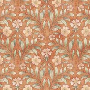 May include: A seamless pattern featuring a repeating design of light pink flowers and green leaves on a brown background.