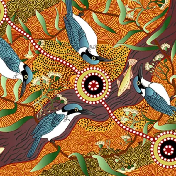 Kingfisher Camp by River Yellow, by Nambooka, An Authentic Aboriginal Fabric