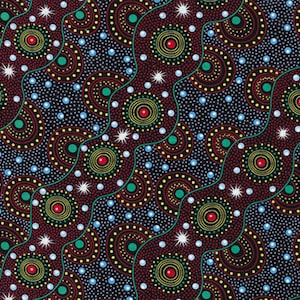 May include: Abstract pattern with concentric circles in shades of red, yellow, green, and blue on a black background. The pattern is reminiscent of Aboriginal art.