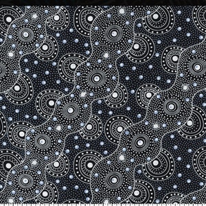 May include: Black fabric with a white and light blue pattern of circles and dots. The pattern is reminiscent of Aboriginal art.