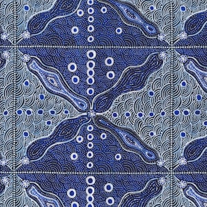 May include: A repeating pattern in shades of blue and white. The design features stylized organic shapes, dotted backgrounds, and circular and curved line elements. The overall effect is intricate and visually engaging, suitable for fabric or decorative applications.