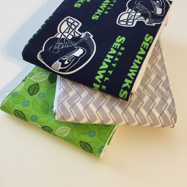 Set of 3 NFL Seattle Seahawks, Gray Chevron and Lime Green Leaf Print Baby Burp Cloths