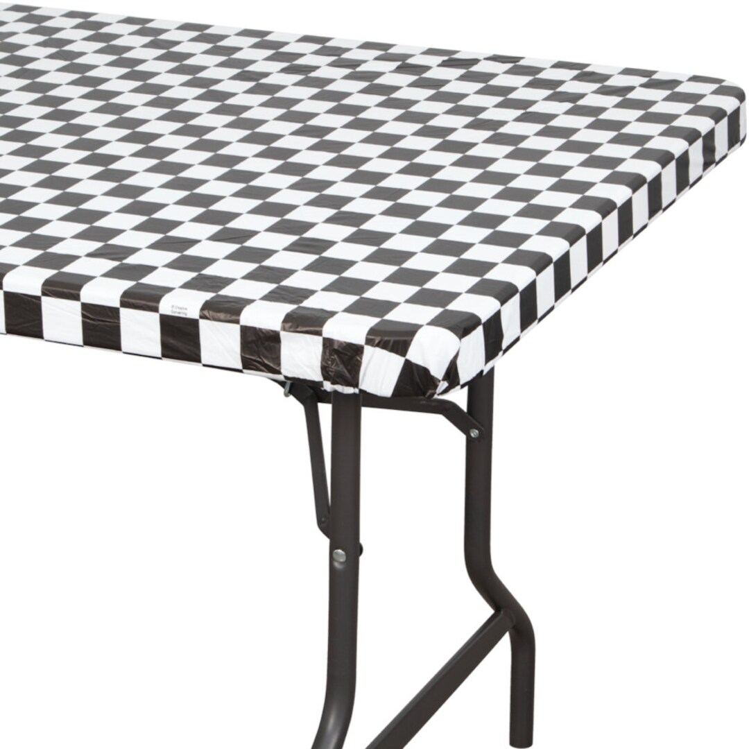 12 Stay Put® Fitted Black & White Check Plastic Tablecloths Wind Proof