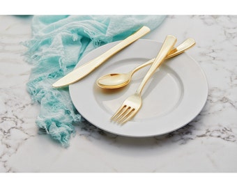 48 Three piece Place settings! Gold Plastic Cutlery ~ 144 Pieces total! Weddings ~ Shower~ 50th Anniversary ~ Thanksgiving ~ Christmas