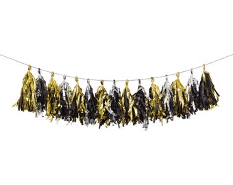 6 Gold, Black, Silver Tassel 8 ft long Garlands ~  Graduation ~ Birthdays ~ New Year's eve ~ Prom Decorations! 48 ft Total