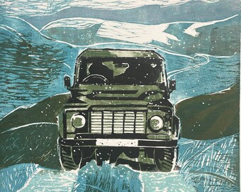 Woodcut of Landrover in Scotland