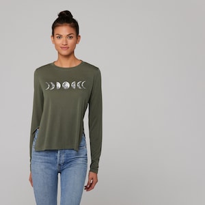 Lunar Phase Long Sleeve Army Green High Low Hem Side Slit Tee, You Choose Design Placement
