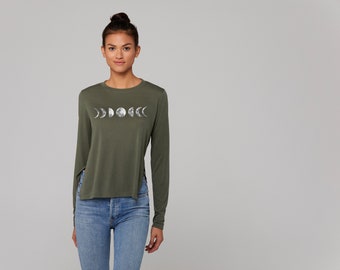 Lunar Phase Army Green Long Sleeve Tee, High Low Hem
