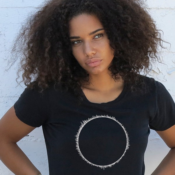 Women's graphic Alternative Apparel black distressed T-shirt with "Here comes the sun" sound wave gift for daughter, sister, friend.