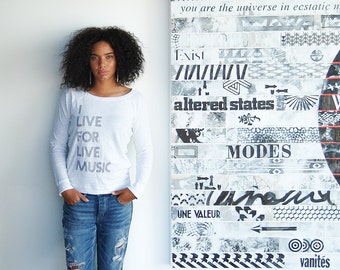 Women's 'I Live For Live Music' Slub Pullover, White Long Sleeve Tee