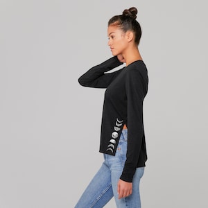 Large-Lunar Phase Long Sleeve Black High Low Hem Side Slit Tee, You Choose Design Placement