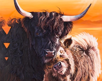 Lean In - Fine art print of an oil painting of Highland Cows