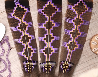 Sacred medicina.:.painted feather purple gold chacana/ one turkey feather fan/smudging/prayer/healing//blessing//ritual//altar/shamanic
