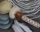 DEER SPIRIT MEDICINE Rattle Flower of Life Deer Rawhide White Goose Feathers Rabbit Fur Cherry Tree Wood Shaman Sacred Tool