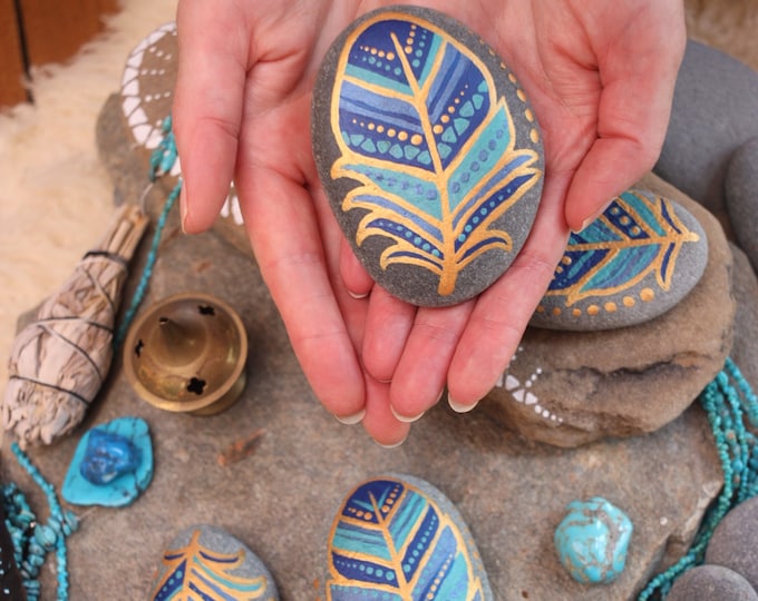 Ocean Feather.. Rock for Your Altar One Hand Painted Stone /shaman Art