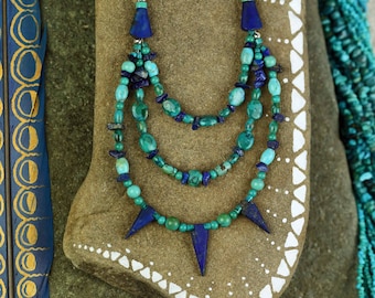 BLUE GODDESS/Turquoise Lapis Lazuli//Triple Necklace/Shaman//Turquoise Necklace//Goddess Jewelry//Tribal