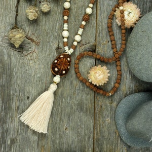 Flower of life .:.Carved Avocado Seed and Natural Beads//Rudrakshas Seeds Beads//Brass/ Tribal/ Bohemian Jewelry// Yoga Jewelry/Malas