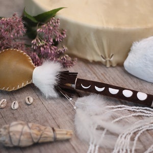 Moon rattle.:. spirit rattle//rawhide//painted leather/ feathers//rabbit fur//fringes//ceremonial/moon dance//shamanic/Medicine woman