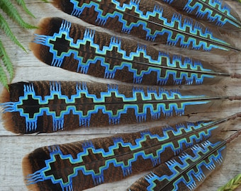 Gaïa blue.:. green and blue painted feather Fan/smudging/ceremony/prayer//blessing/shamanic feather//feather fan/blessing way/Spirit Feather