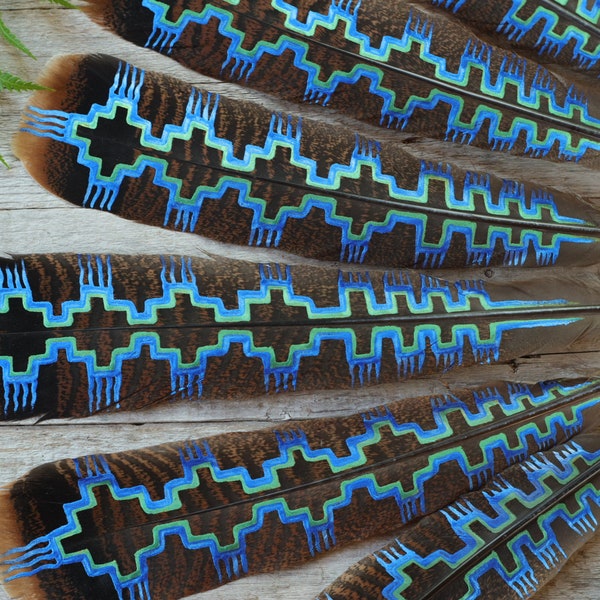 Gaïa blue.:. green and blue painted feather Fan/smudging/ceremony/prayer//blessing/shamanic feather//feather fan/blessing way/Spirit Feather