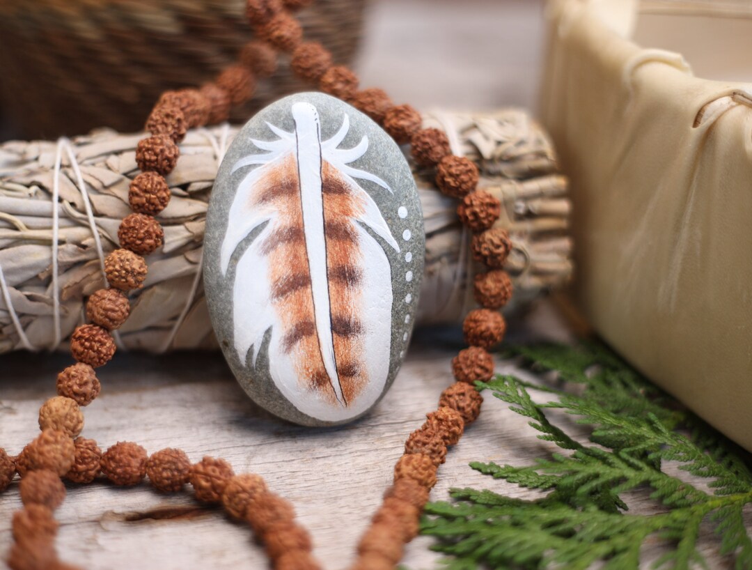 Feather Rock .:. Altar Deco Hand Painted Stone/ Art/ Spiritual Rock for ...