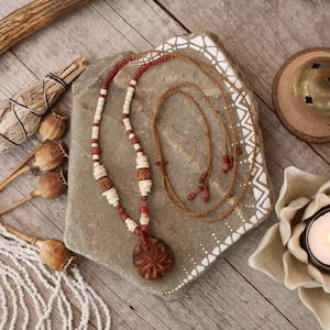 SACRED SEED.:.Carved Avocado Seed and Natural Beads//Rudrakshas Seeds Beads//Ajustable Necklace/Tribal/ Bohemian Jewelry//Yoga Jewelry/Malas