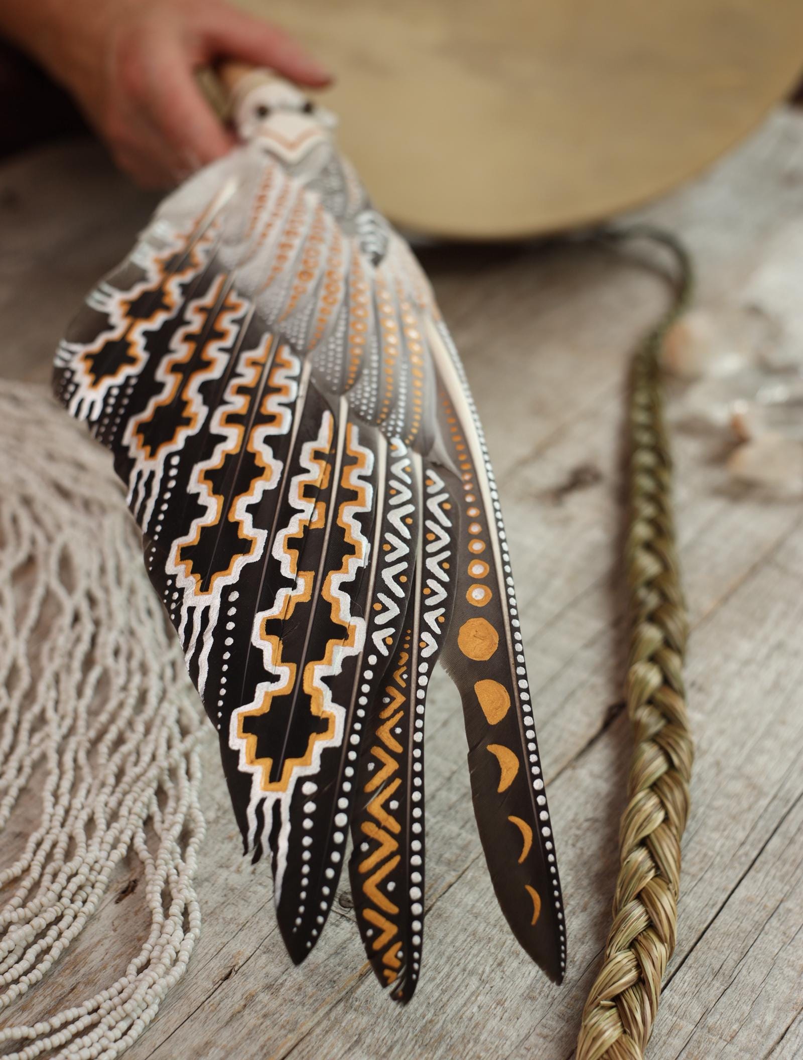 Chacana.:. Feather WAND Geese Wing/Leather/Smudging/Blessing/art deco Fan/Painted Smudge Fan//Painted wing