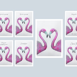 Impression de flamants roses avec citations galloises par Niki Pilkington / Impressions galloises Cymraeg